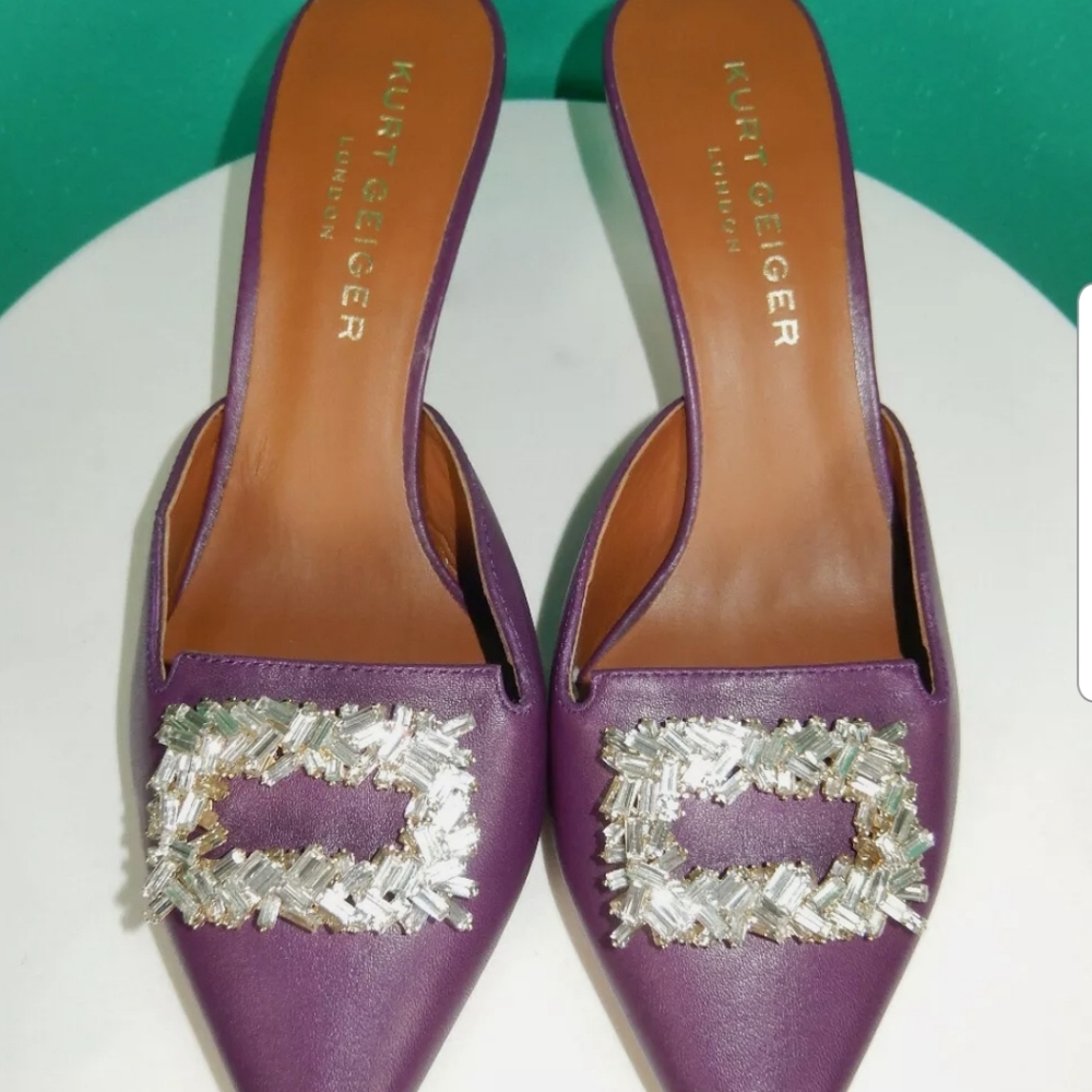 KURT GEIGER PIA PURPLE LEATHER JEWELED CRYSTAL SLIDES MULES SHOES EURO SIZE 38.5